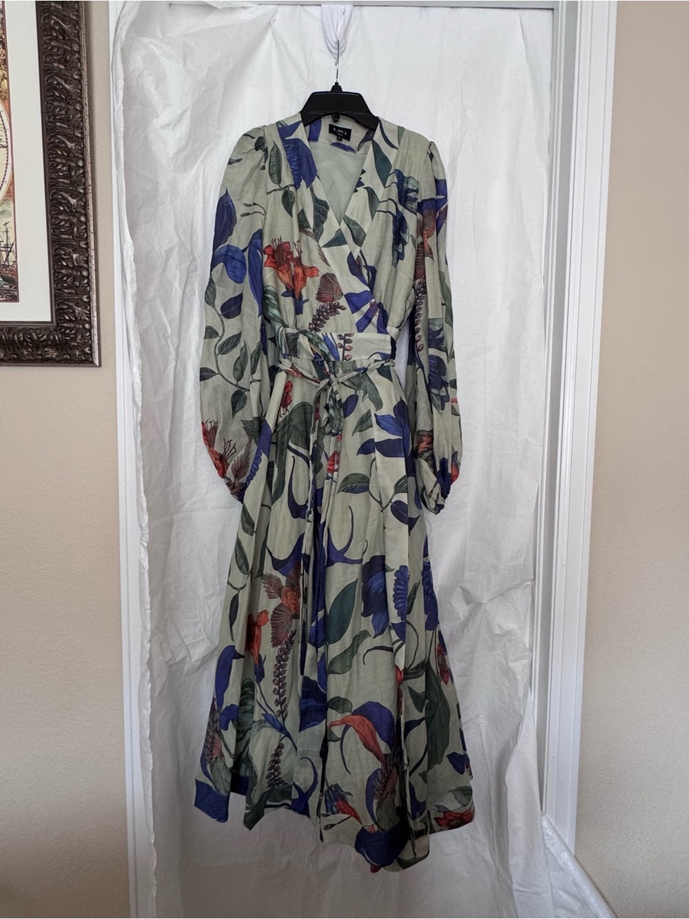 Lavi Couture:Floral Wrap Maxi Dress in Sage with Long Sleeves: New without Tags.